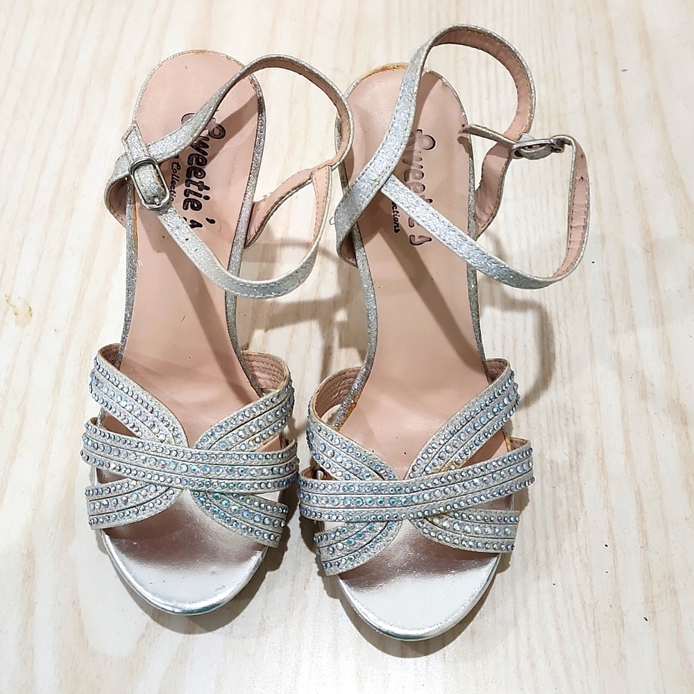 Girls silver rhinestone stiletto heels